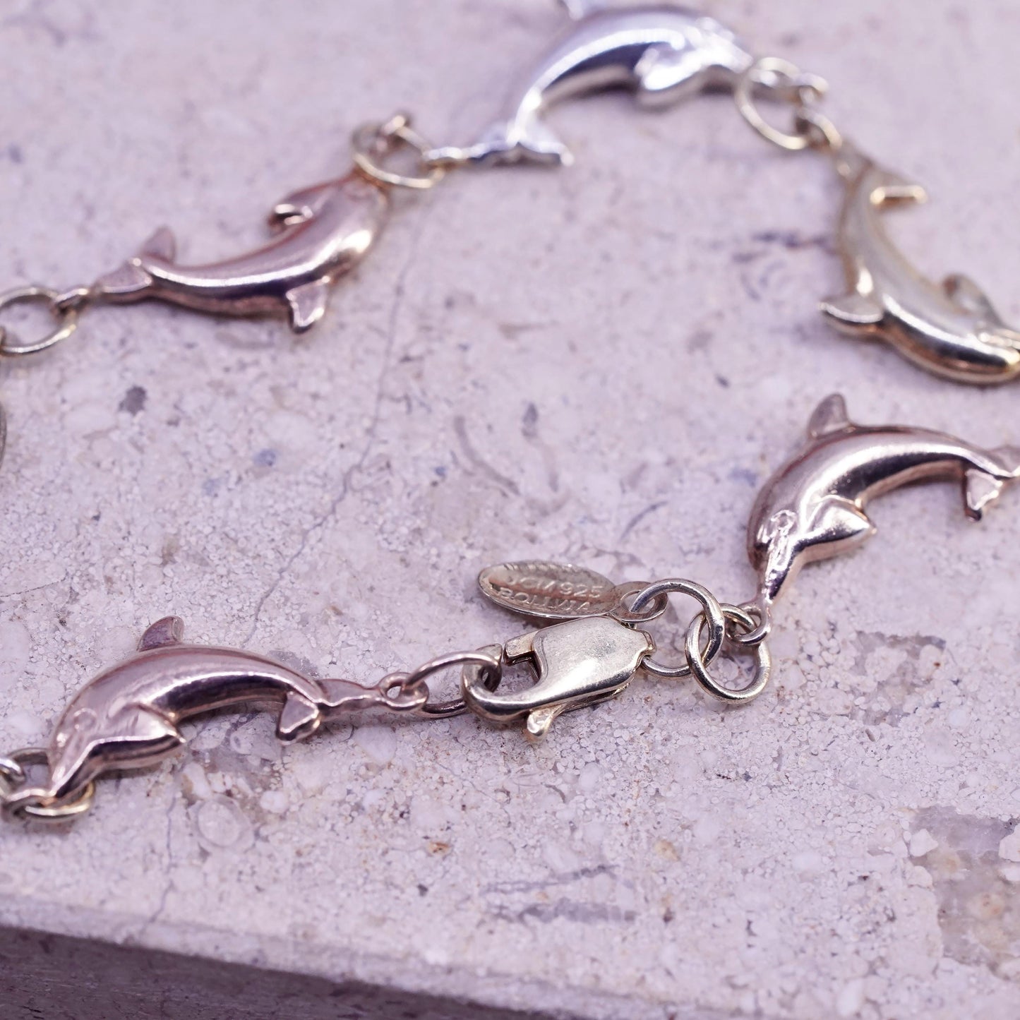 6.75”, vintage triple tone Sterling 925 silver dolphin link chain bracelet,