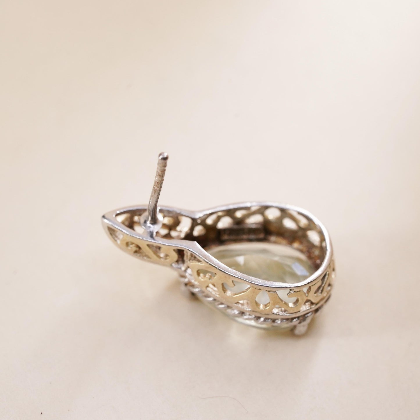 Vintage two tone single earring. Sterling 925 silver teardrop stud chalcedony