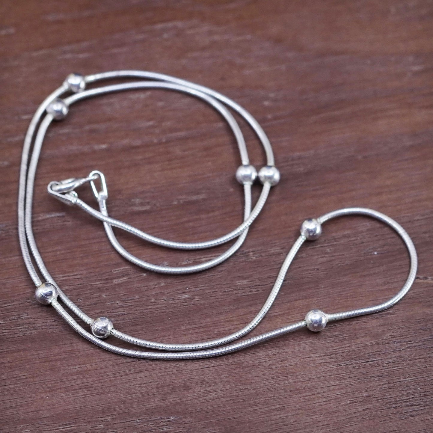 18”, vintage sterling silver snake chain, Italy 925 silver necklace with bead