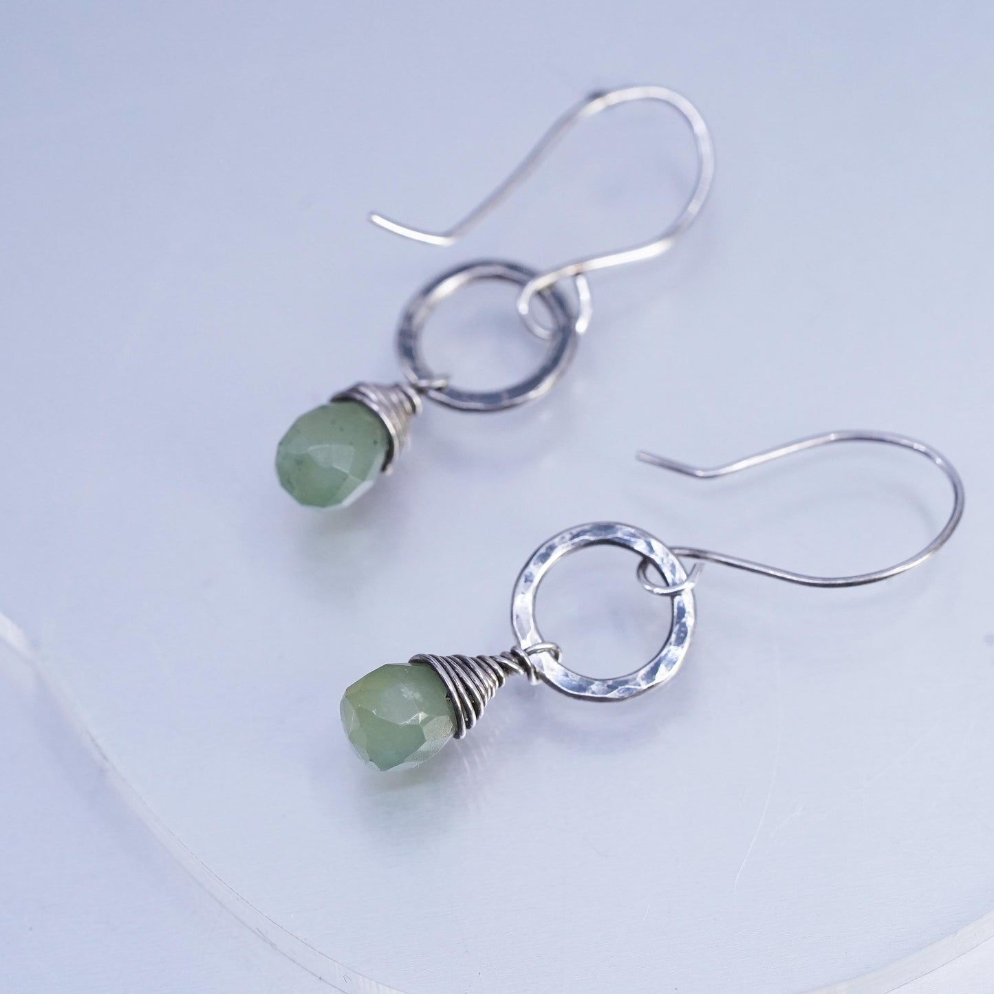 Vintage handmade Sterling 925 Silver Earrings, 925 circle with teardrop jade