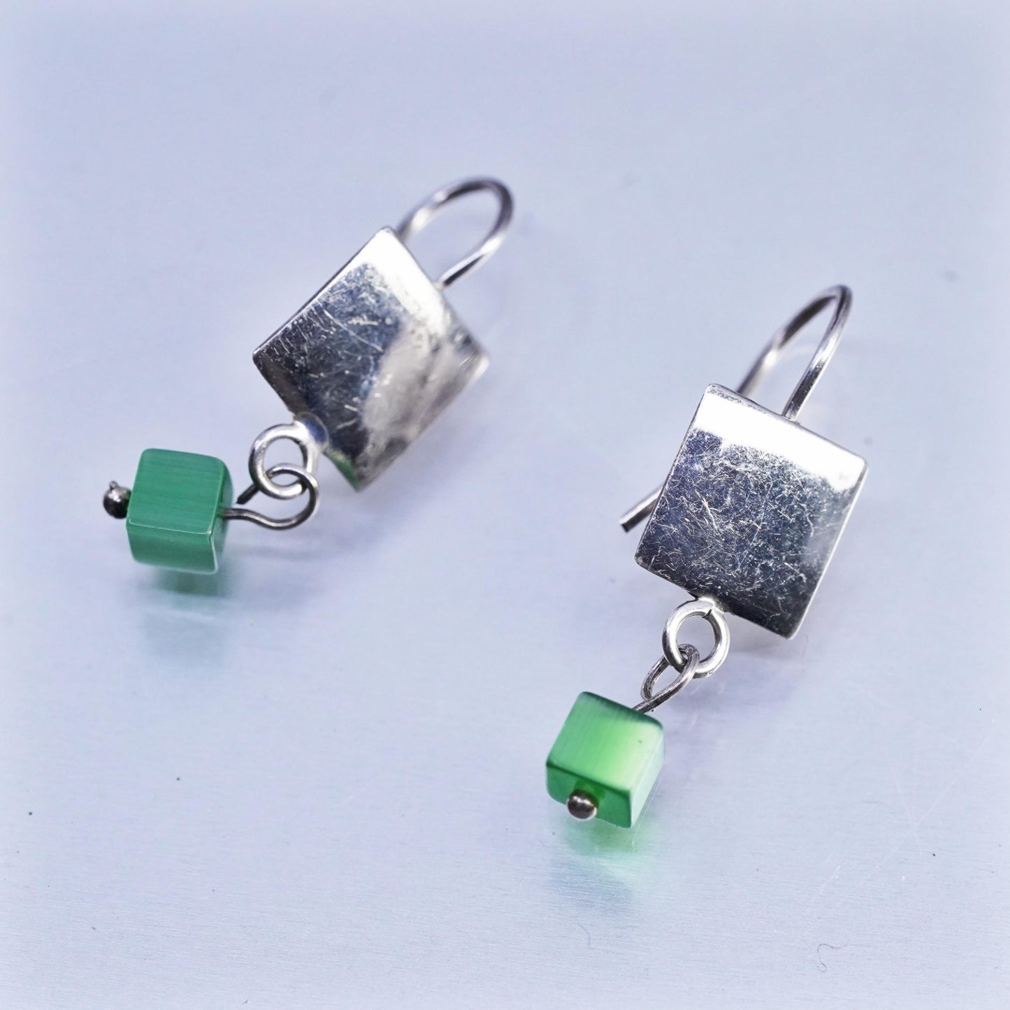 Vintage Sterling 925 silver earrings with square disc and green cat eye dangles