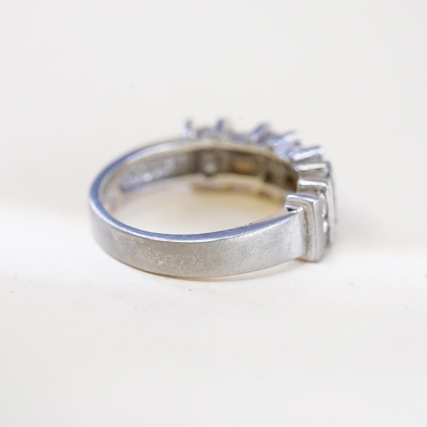 Size 7.25, vintage sterling 925 silver ring with cluster CZ, statement band