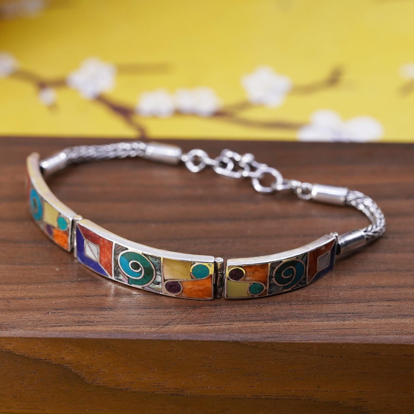 7”, vintage Peruvian Sterling silver handmade bracelet, Inca chakra 950 circle