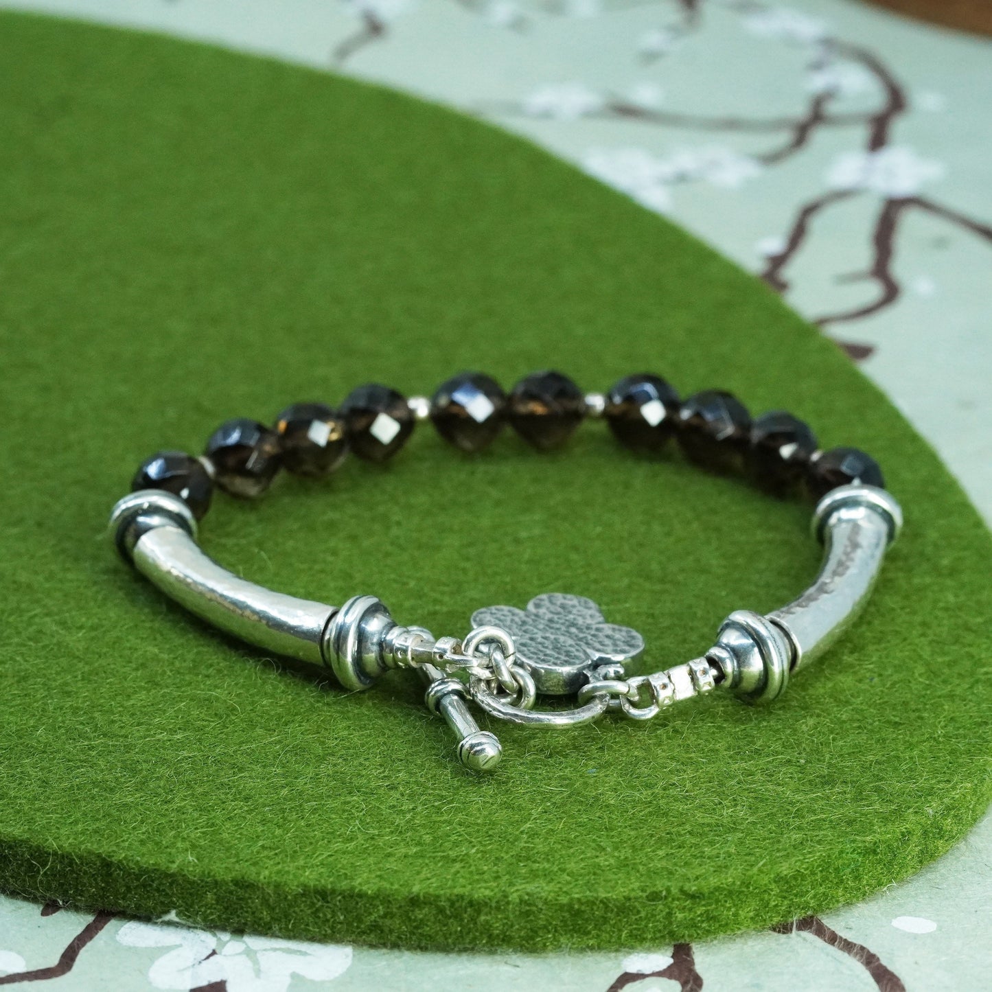 7.25”, Sterling silver handmade bracelet, 925 bar flower charm crystal beads