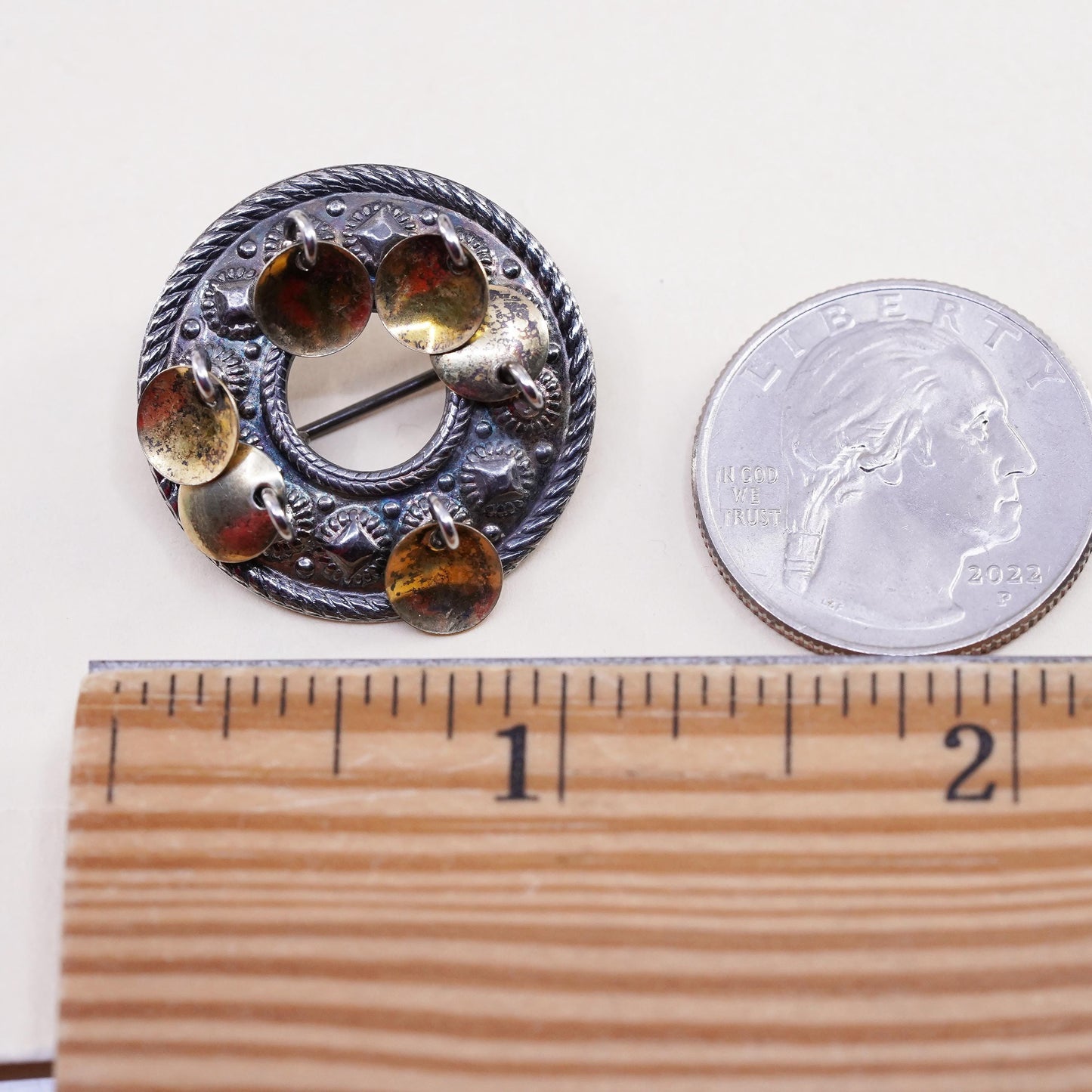 Norway Sterling Silver Brooch 925, Nordic Folk Pin with Discs, Tribal Jewelry