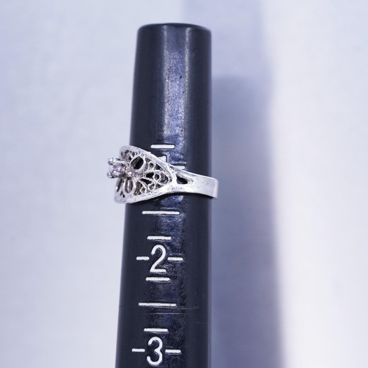 Size 1.25, vintage Sterling 925 silver handmade filigree ring with pink crystal