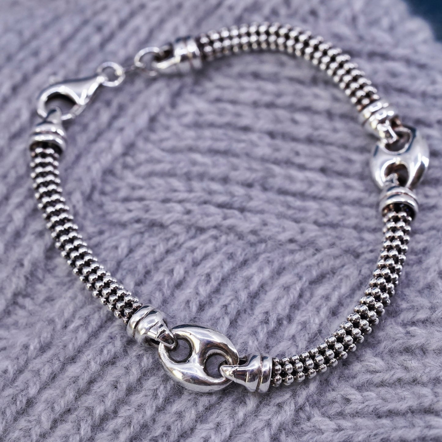 7", Italy Sterling silver handmade chain, 925 beads bracelet and puffy anchor