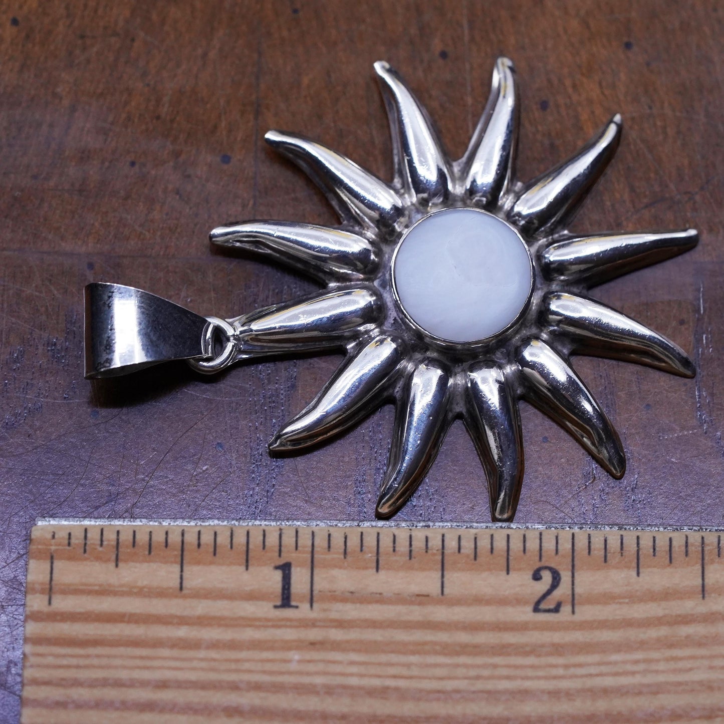 Vintage Mexican Sterling 925 silver handmade sun pendant with mother of pearl