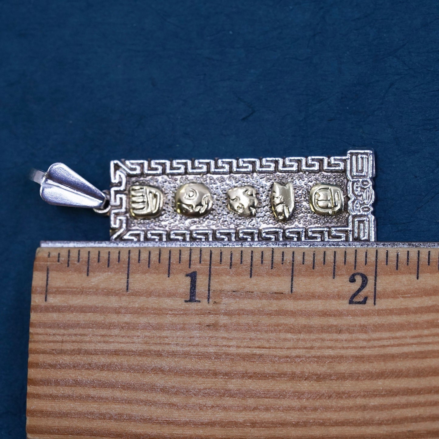 Vintage Oro Maya OM Sterling 925 Silver Two Tone Aztec Cartouche Pendant