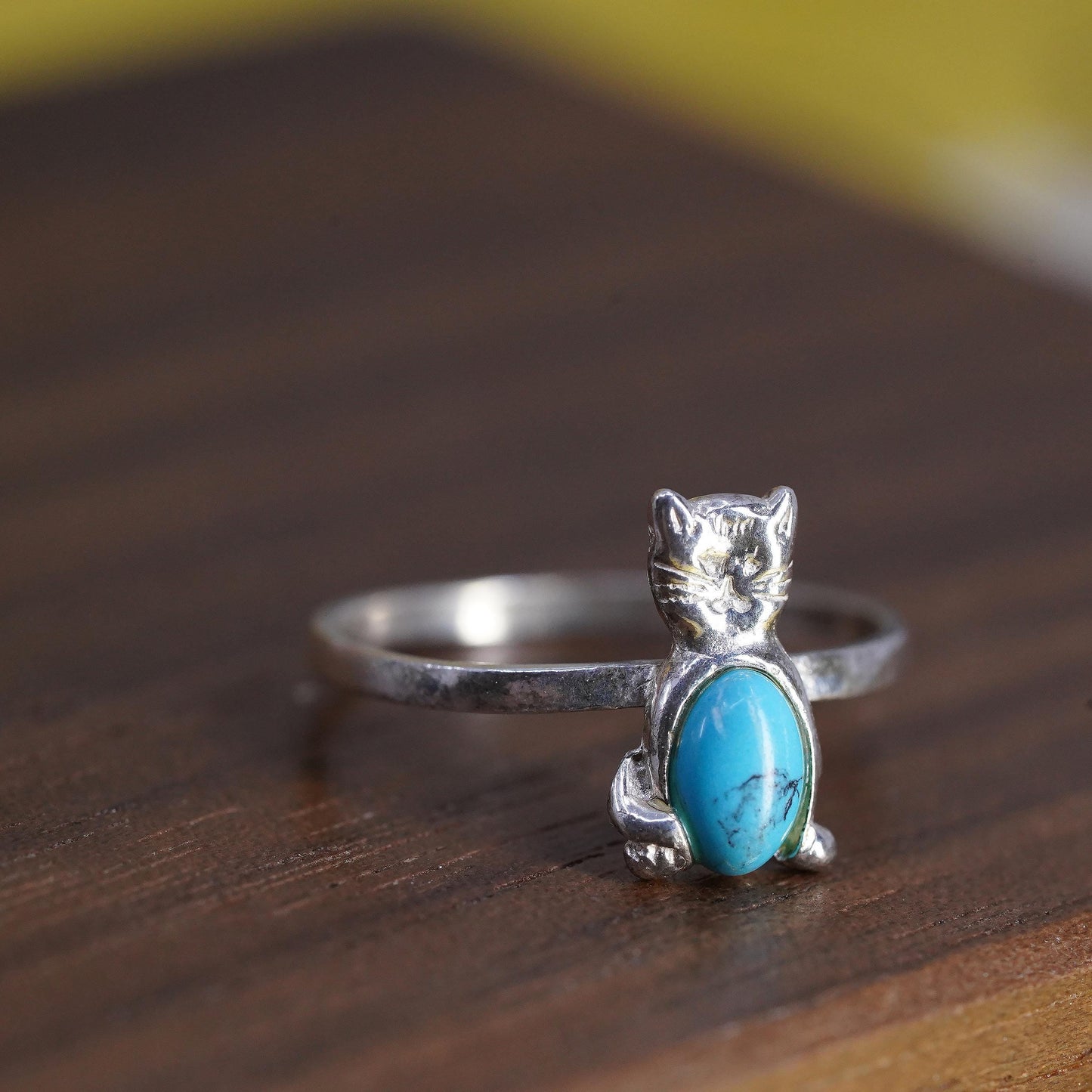 Size 4.75, Sterling 925 silver cat kitty ring turquoise, southwestern jewelry
