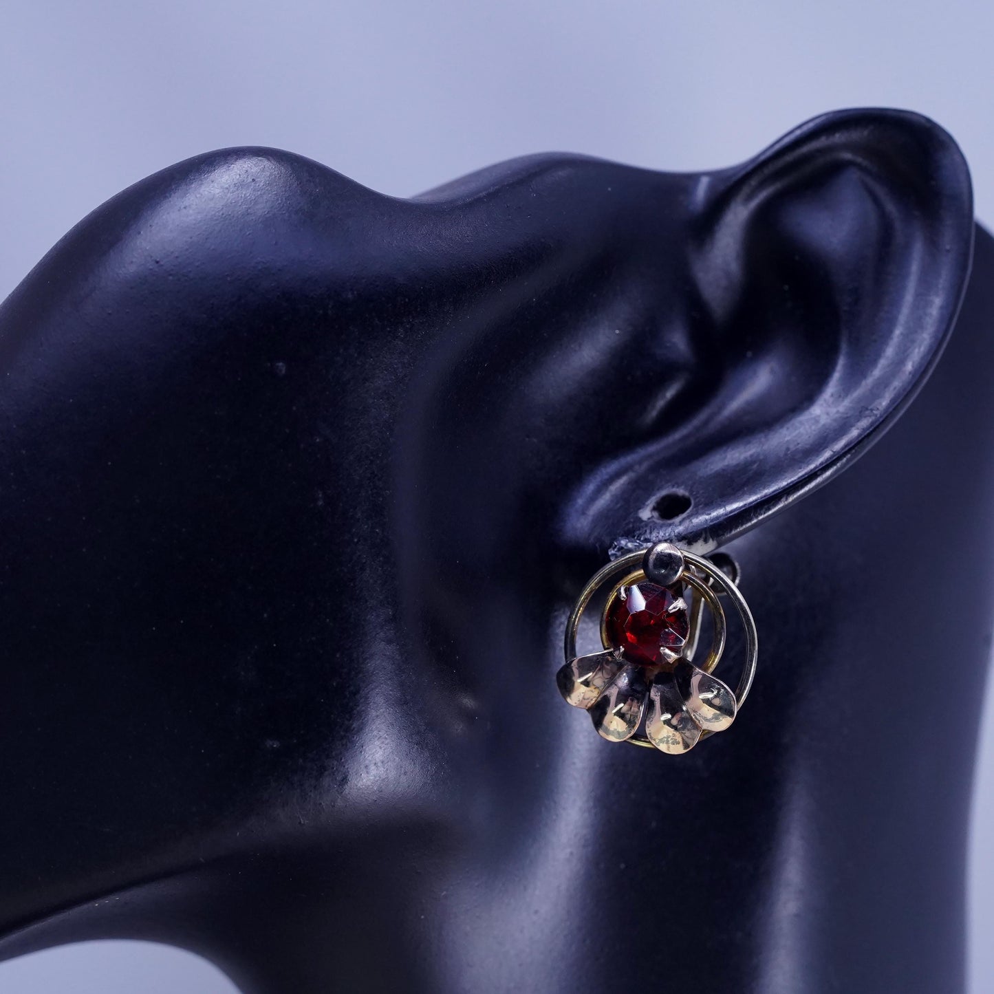 Vintage gold plated Sterling 925 silver screw back earrings with red Rhinestone