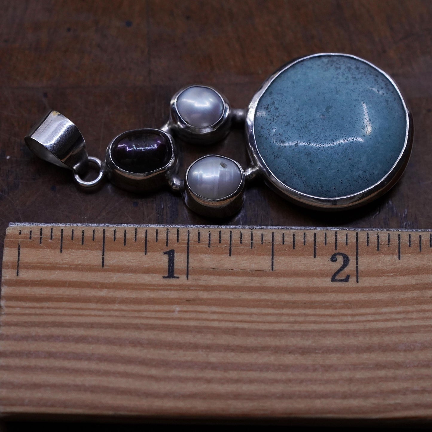 Vintage sterling silver pendant, southwestern 925 grapes with jade and pearls