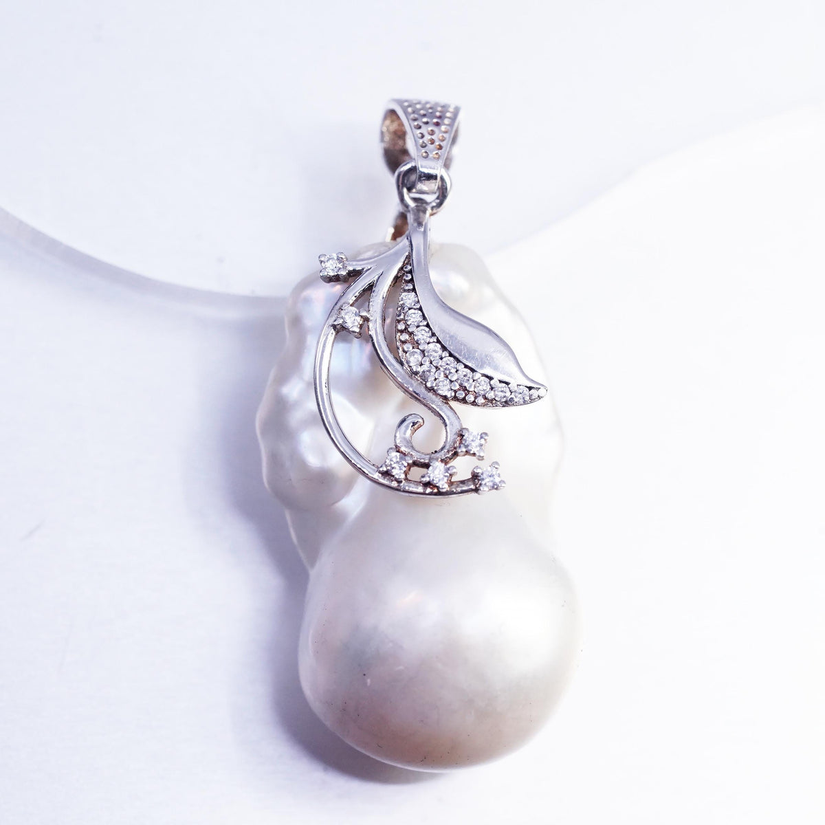 Sterling 925 Silver Baroque Pendant, Keshi Biwa Pearl CZ Leaf Floral Jewelry
