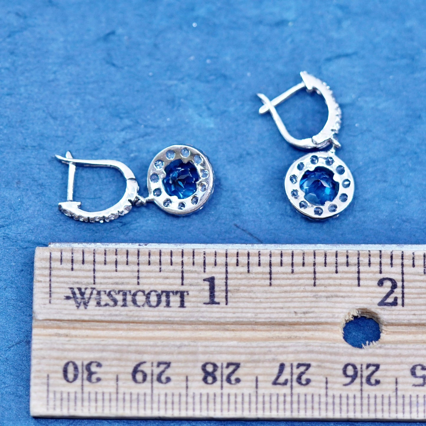 Vintage sterling 925 silver handmade round earrings with blue topaz and cz
