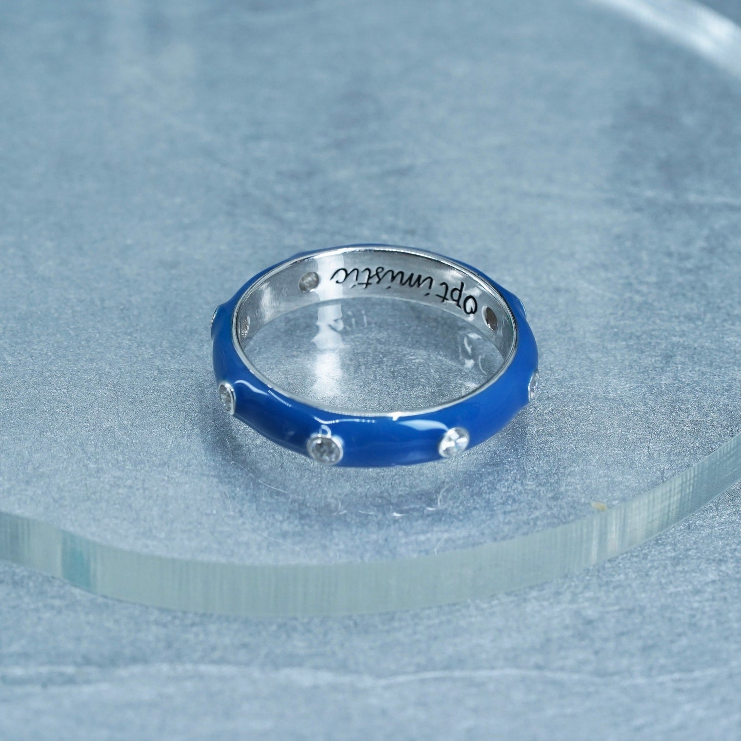 Size 10, vintage Sterling 925 silver handmade ring, blue enamel band with cz