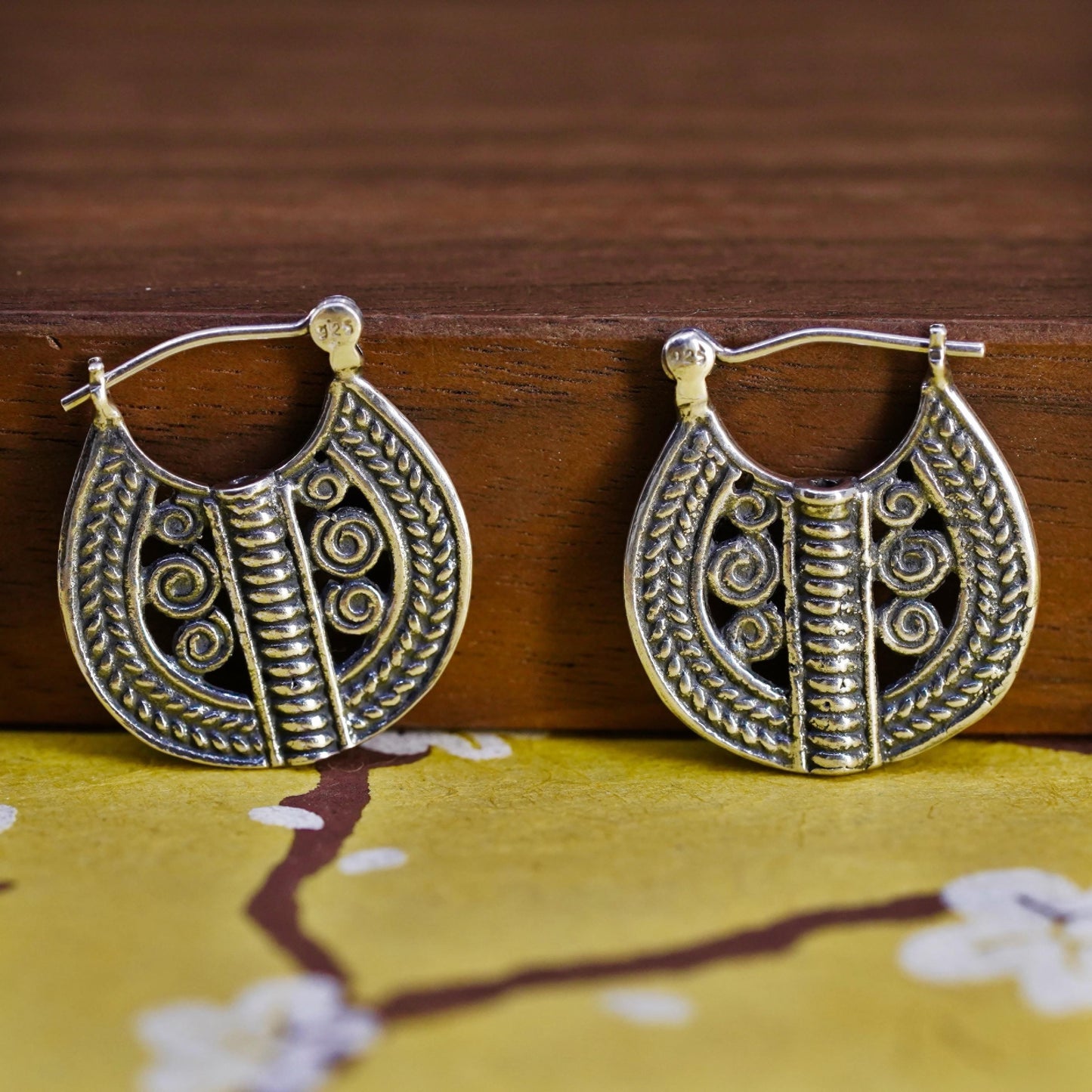 0.75", VTG Sterling silver handmade flatten hoops, textured 925 huggie earrings