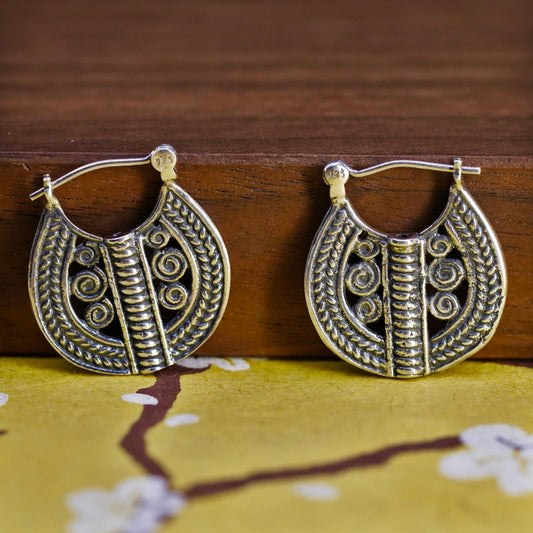 0.75", VTG Sterling silver handmade flatten hoops, textured 925 huggie earrings