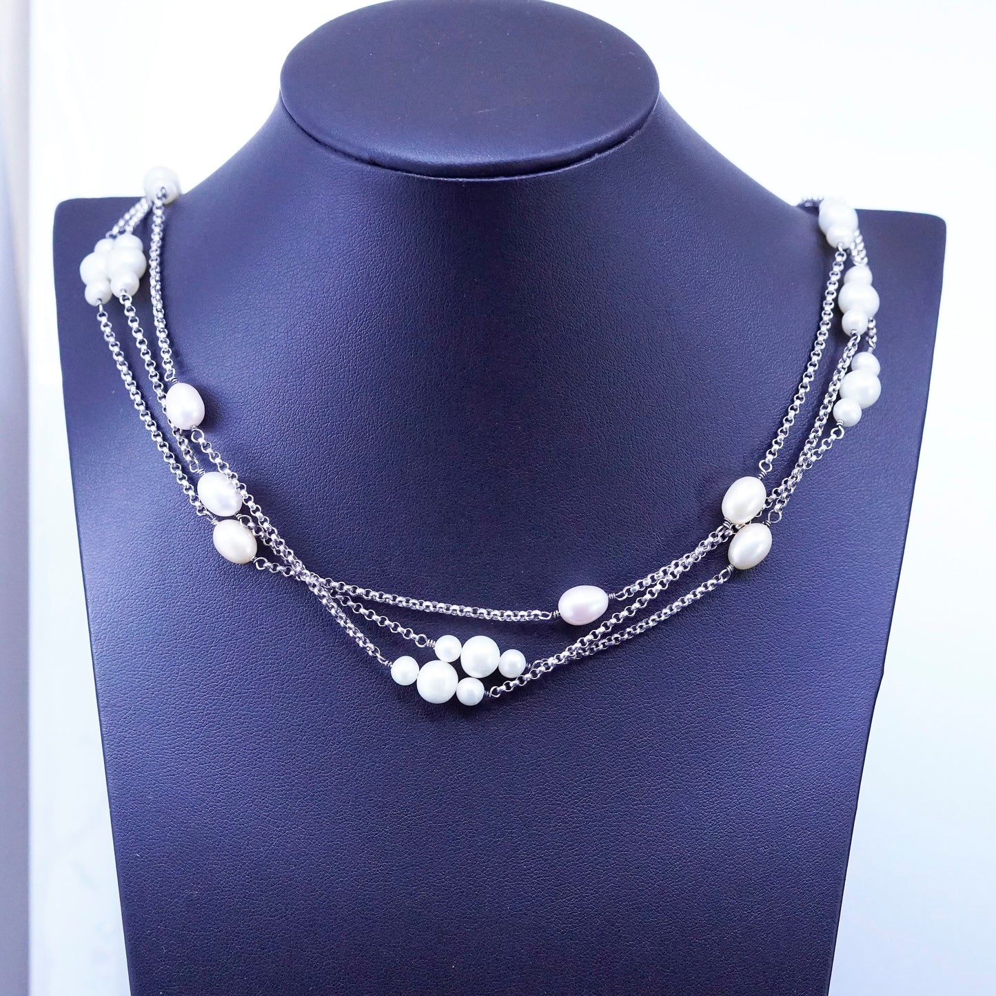 24”, sterling silver handmade necklace, multi strands 925 circle chain w/ pearl