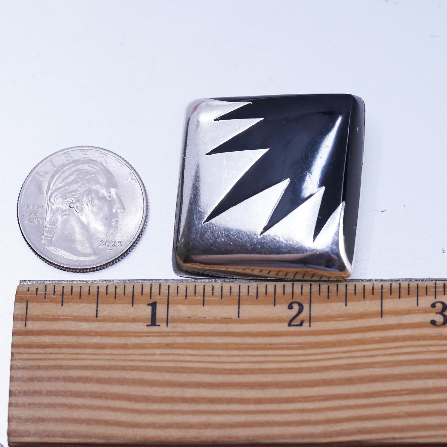 Vintage Mexican Sterling 925 silver handmade square brooch, pendant with onyx