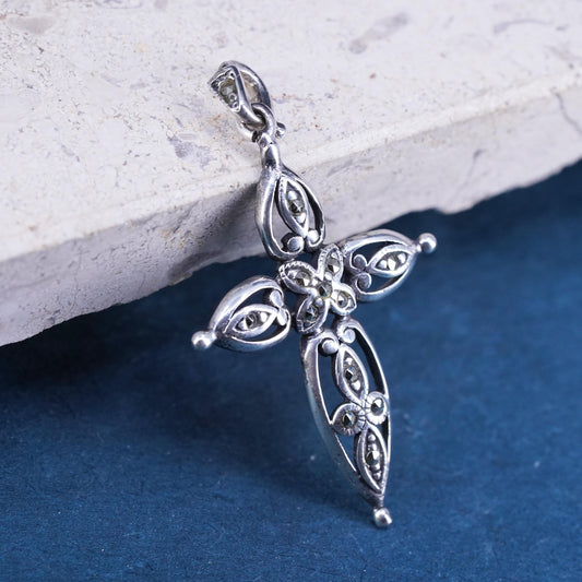 Vintage Sterling 925 silver handmade pendant with marcasite cross pendant