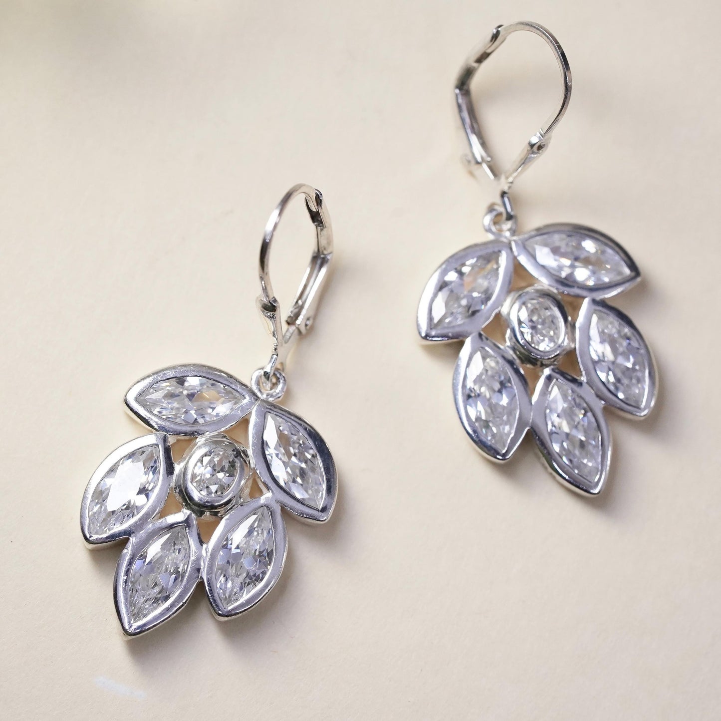 Vintage Sterling 925 Silver Cubic Zirconia leaves Earrings