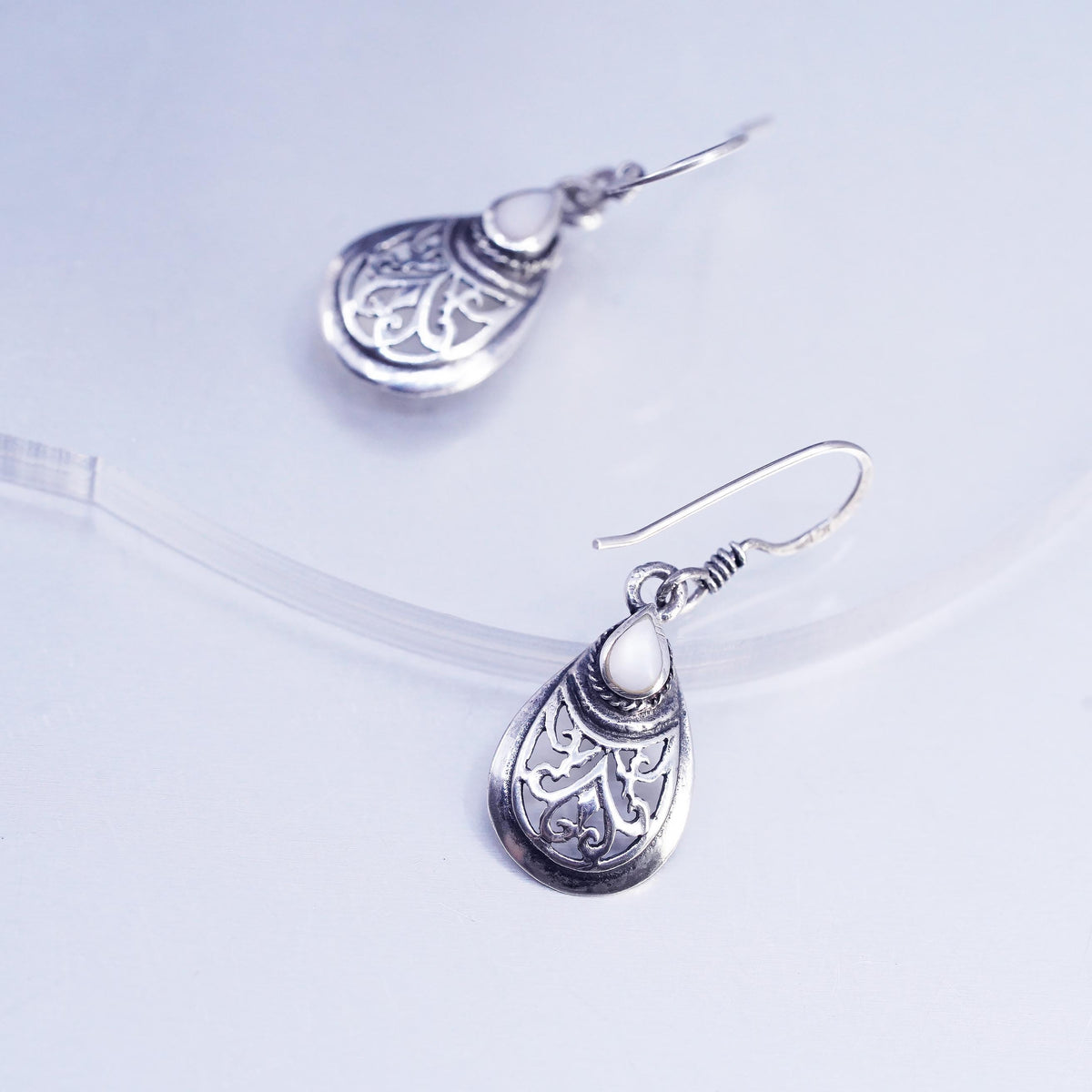 Vintage Sterling 925 Silver Filigree Teardrop Shaped Earrings Mother of Pearl