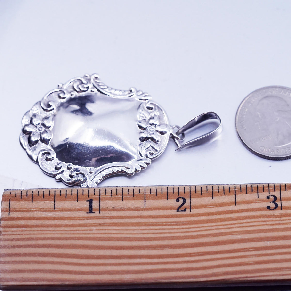 VTG Sterling Silver 925 Floral Scroll Pendant, Ornate Repousse Large Pendant