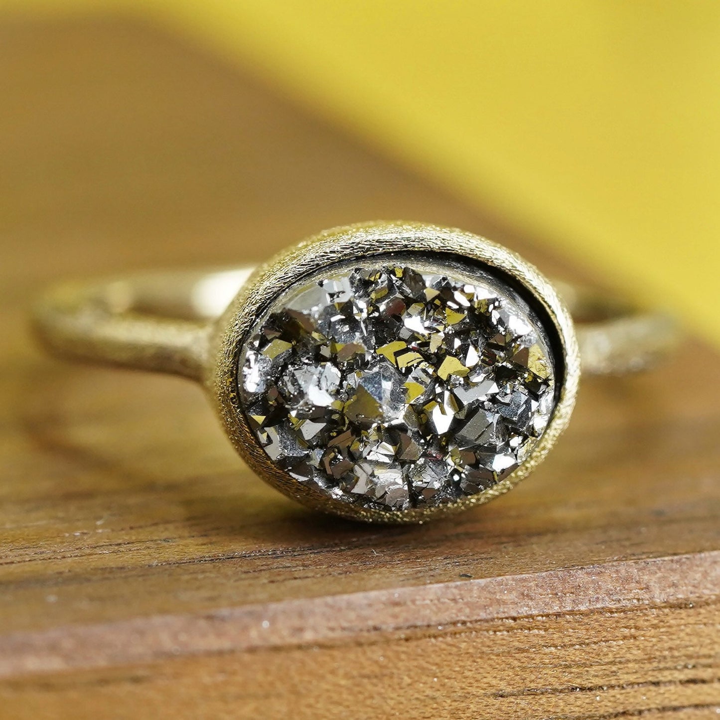 Size 8.25, vermeil gold over Sterling silver handmade ring, 925 druzy hematite