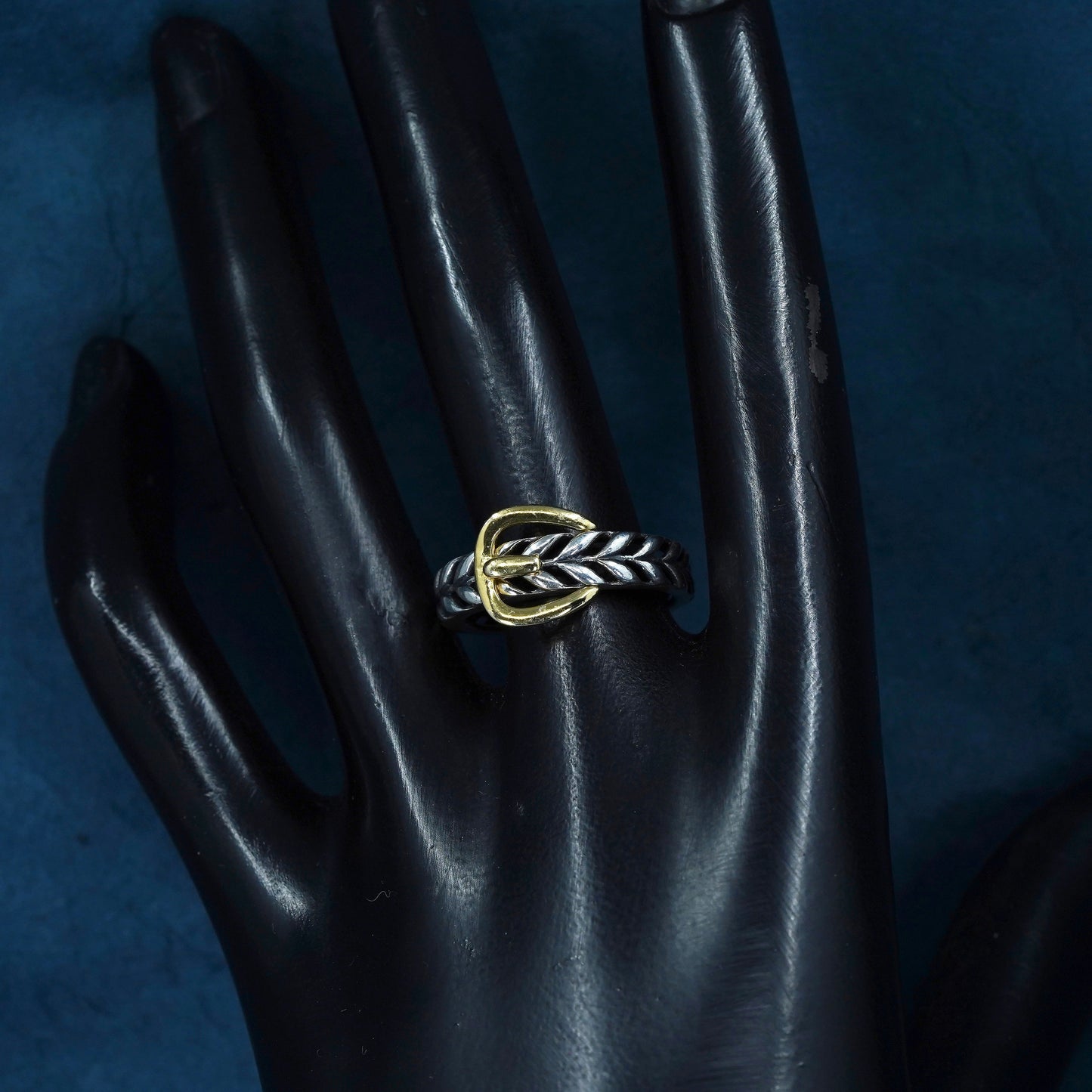 Size 8, two tone sterling silver ring, solid 925 silver filigree belt band