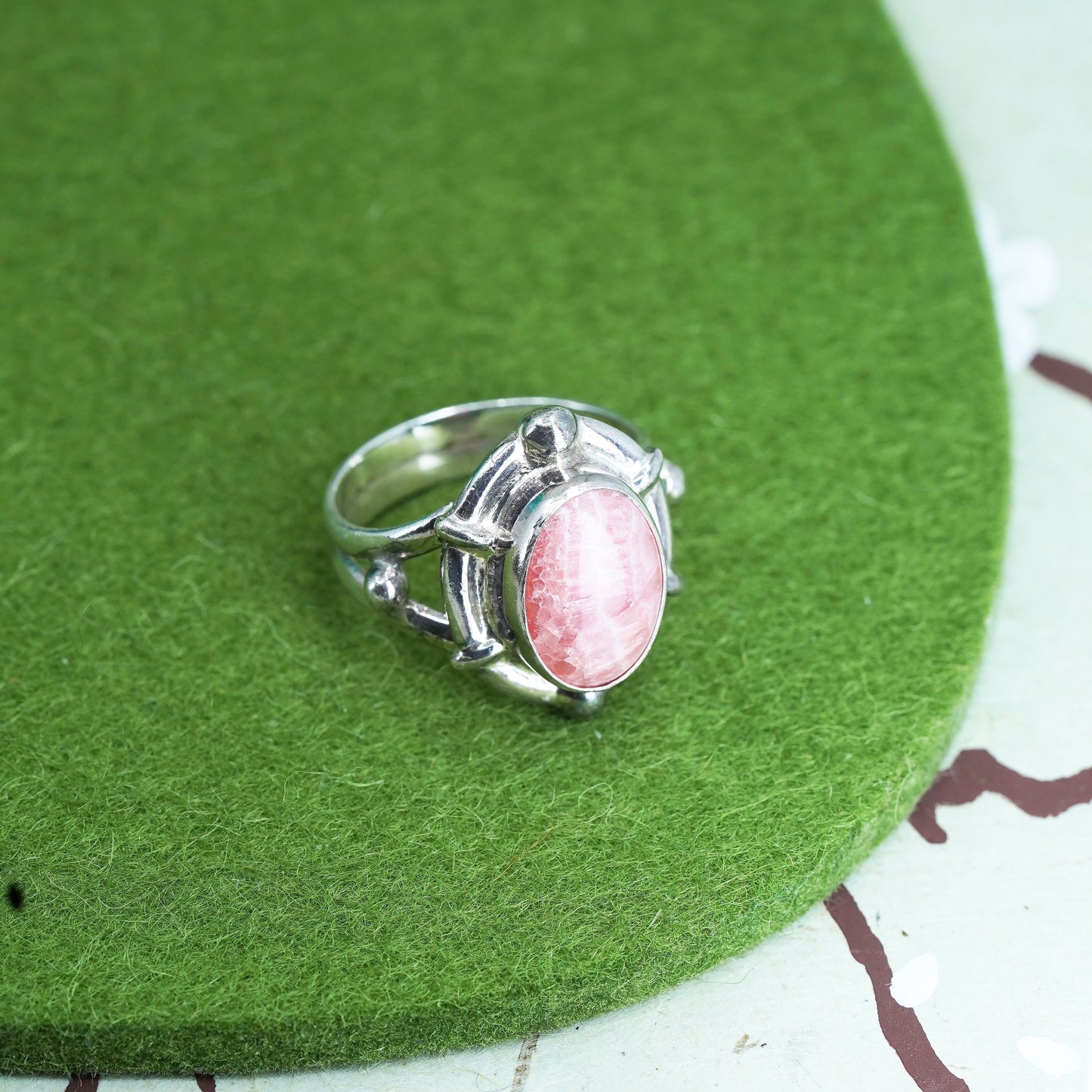 Size 9, sterling silver ring, handmade filigree 925 ring w/ pink Rhodochrosite