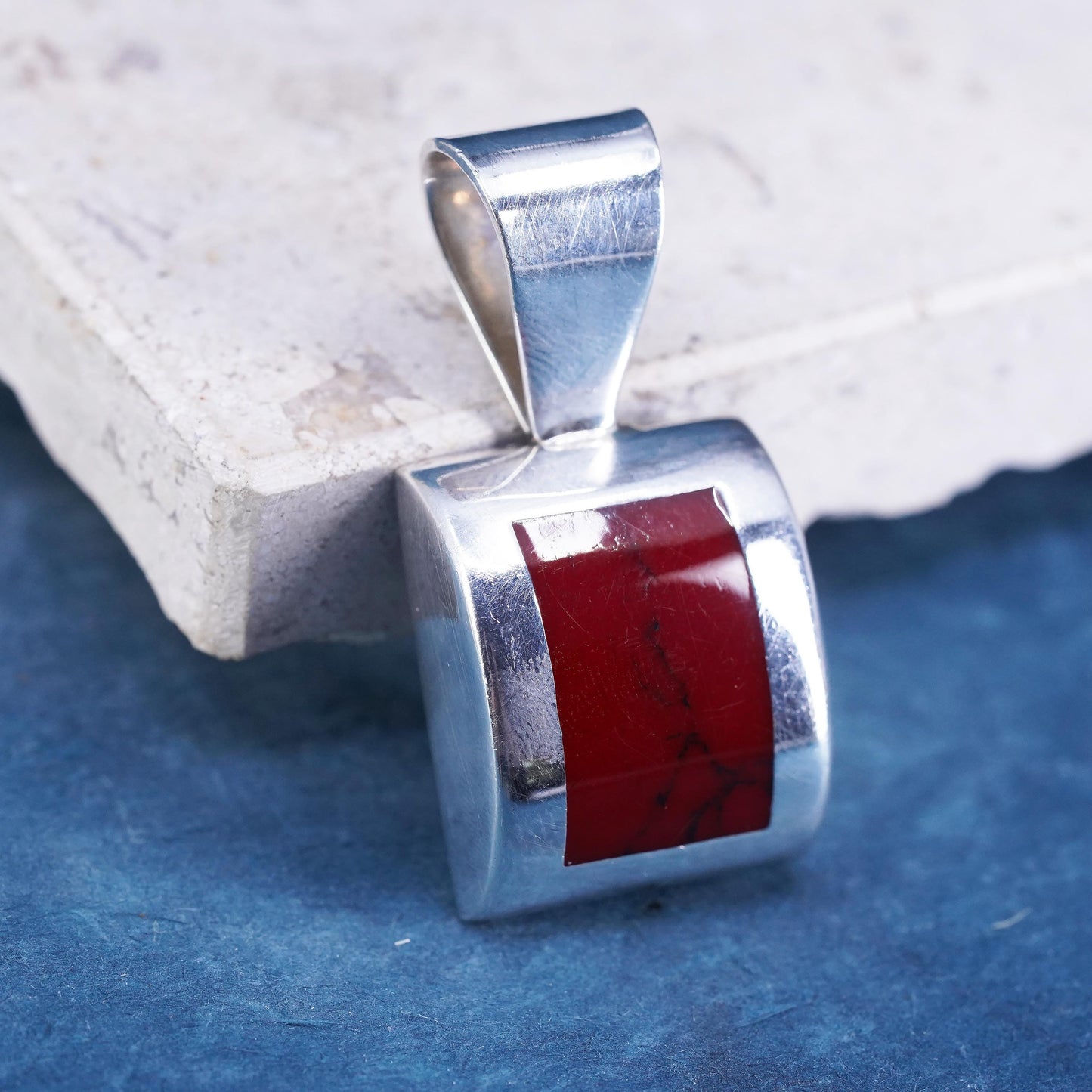 Vintage Mexican sterling 925 silver handmade rectangle pendant with red Jasper