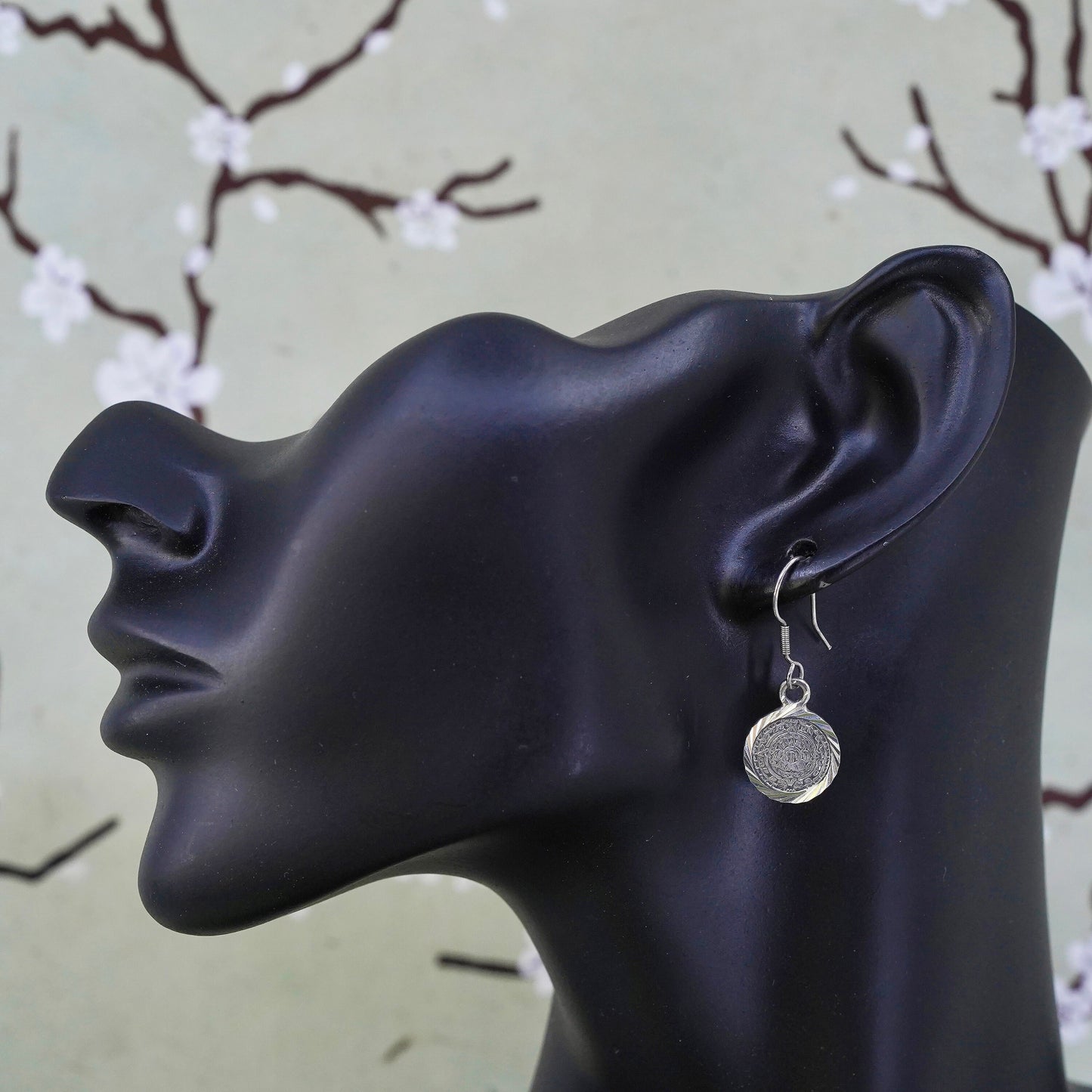 Vintage mexico sterling silver handmade earrings, 925 mayan calendar tag dangle