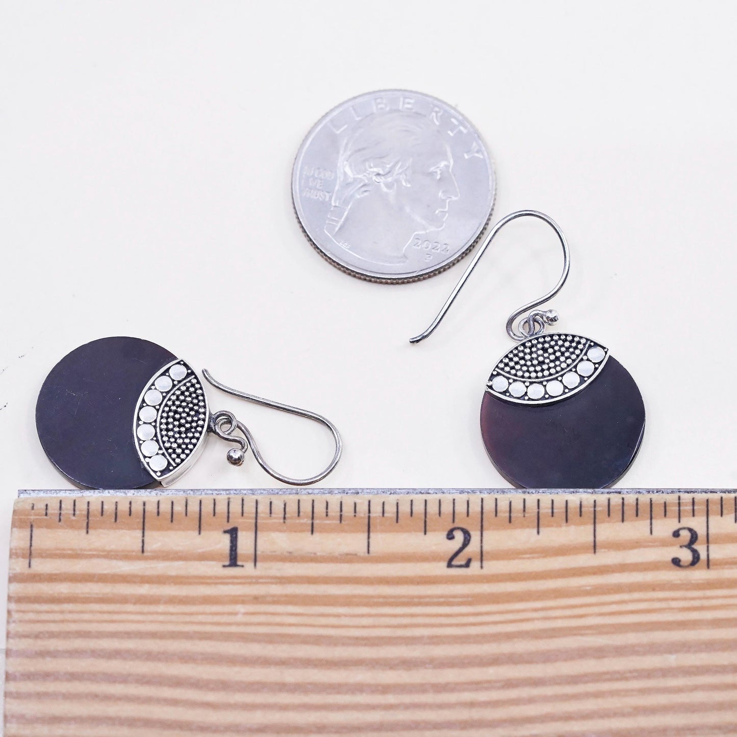 Vintage sterling silver handmade earrings, red mother of pearl round drops bead