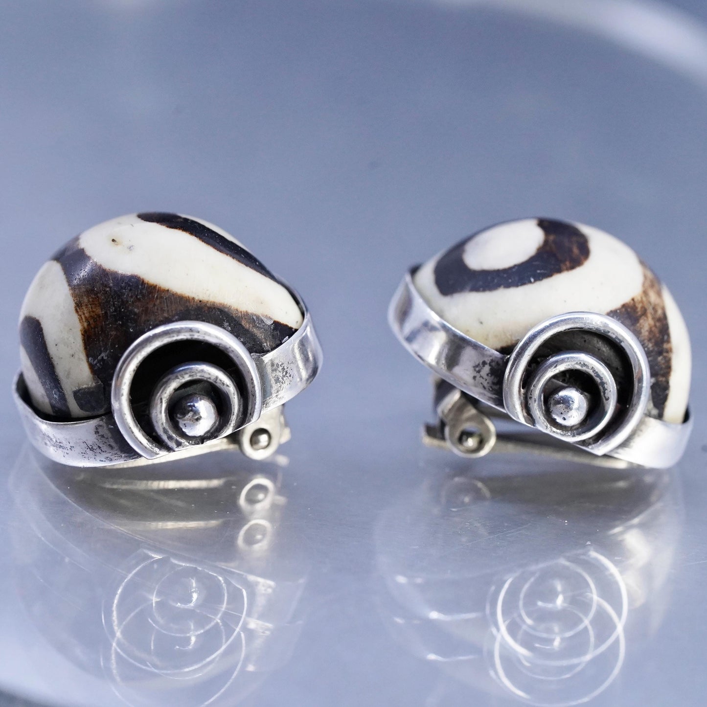 Artisan SIGNED David Sterling 925 Silver Handmade Dzi Gemstone Clip Earrings