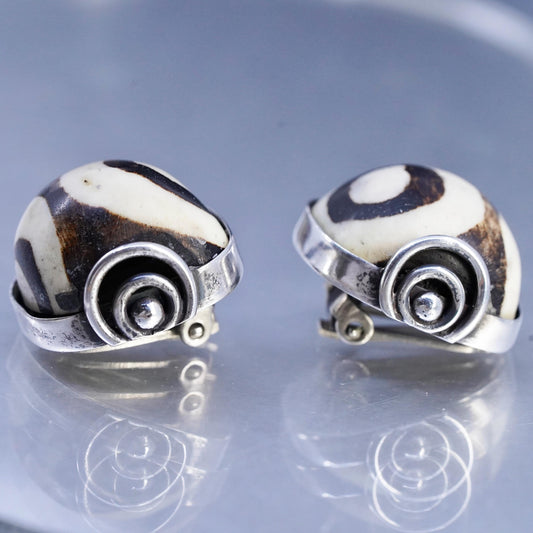 Artisan SIGNED David Sterling 925 Silver Handmade Dzi Gemstone Clip Earrings