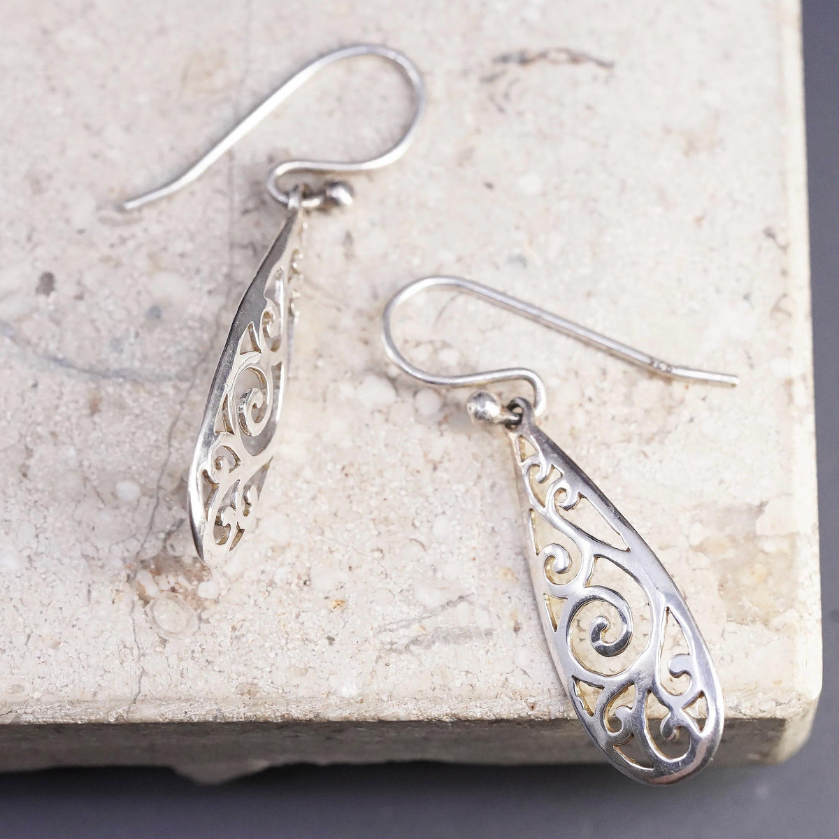 Vintage sterling silver handmade earrings, 925 filigree teardrop drop
