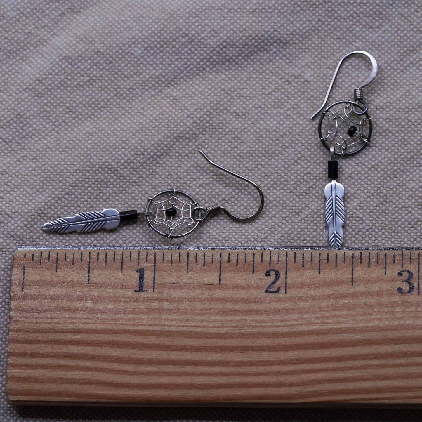 Vintage Sterling 925 silver handmade net earrings with onyx and feather