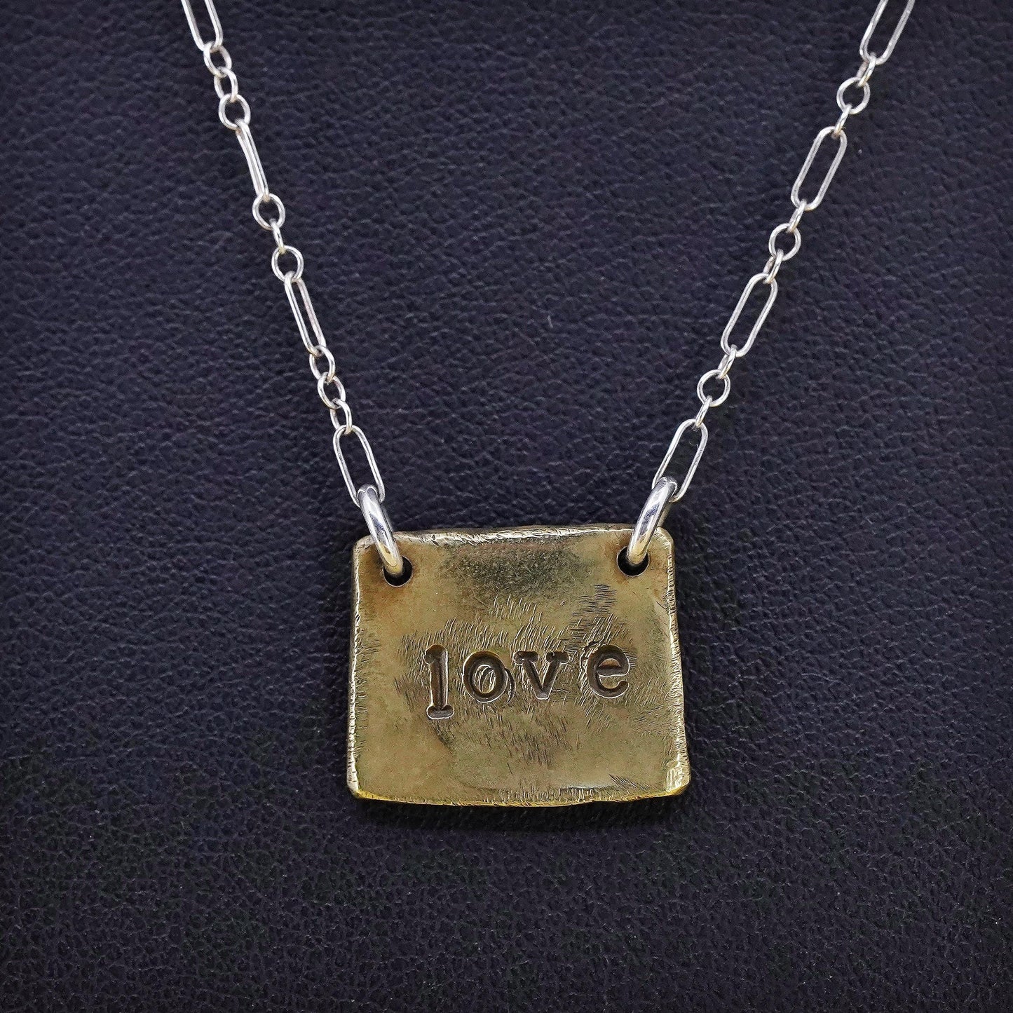 16”, vintage Sterling silver necklace, 925 elongated chain brass tag pendant