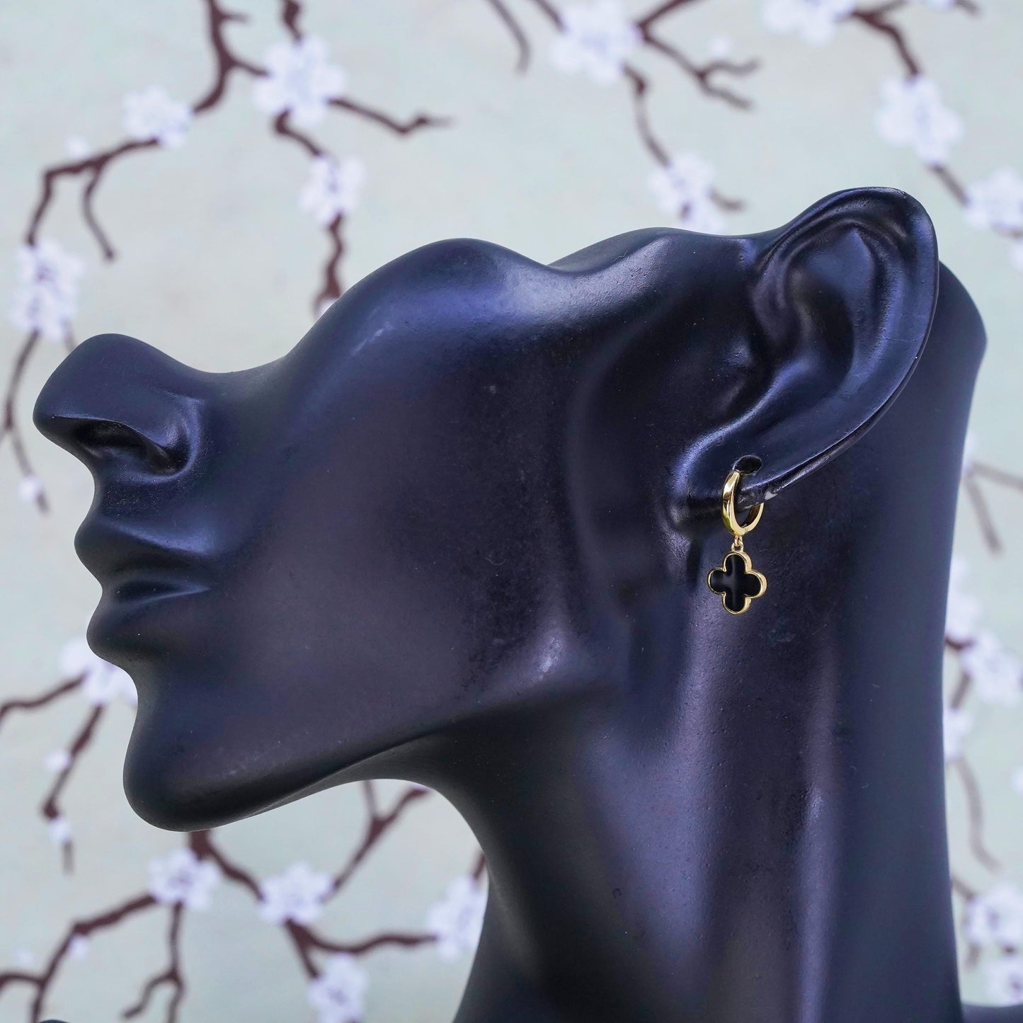 Vermeil gold sterling silver earrings, 925 hoops, huggie black enamel flower