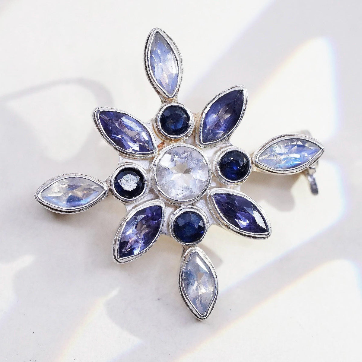 Sterling Silver Moonstone & Iolite Starburst Brooch Pendant, 925 Flower Pin