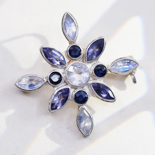 Sterling Silver Moonstone & Iolite Starburst Brooch Pendant, 925 Flower Pin