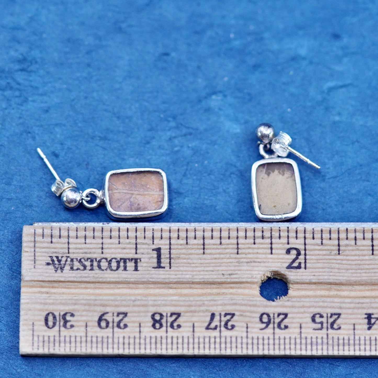 Vintage sterling silver handmade earrings, 925 drops with leaf inlay