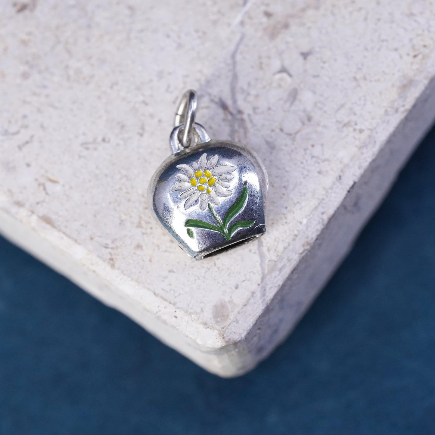 Sterling silver handmade chime ball, 925 bell charm with enamel sunflower