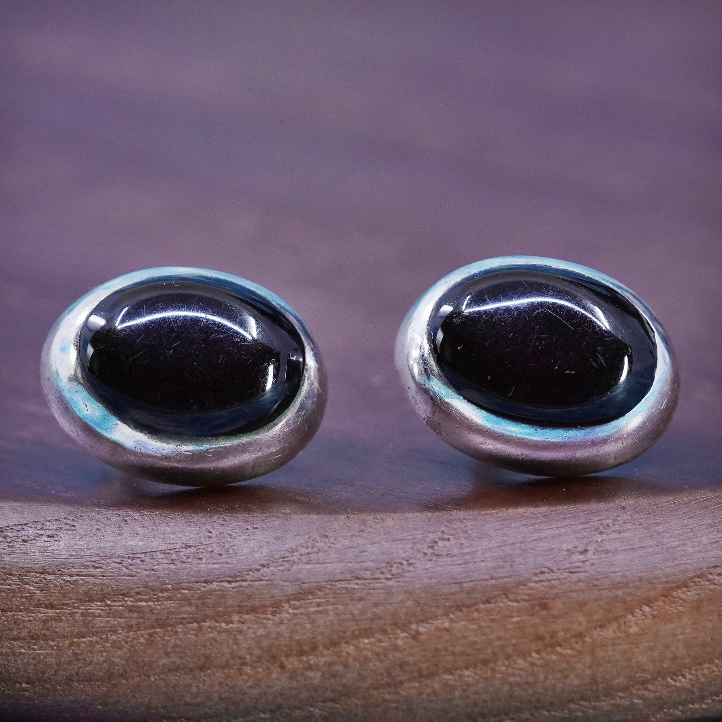 mexico Sterling silver earrings, studs, huge 925 heart studs with black onyx