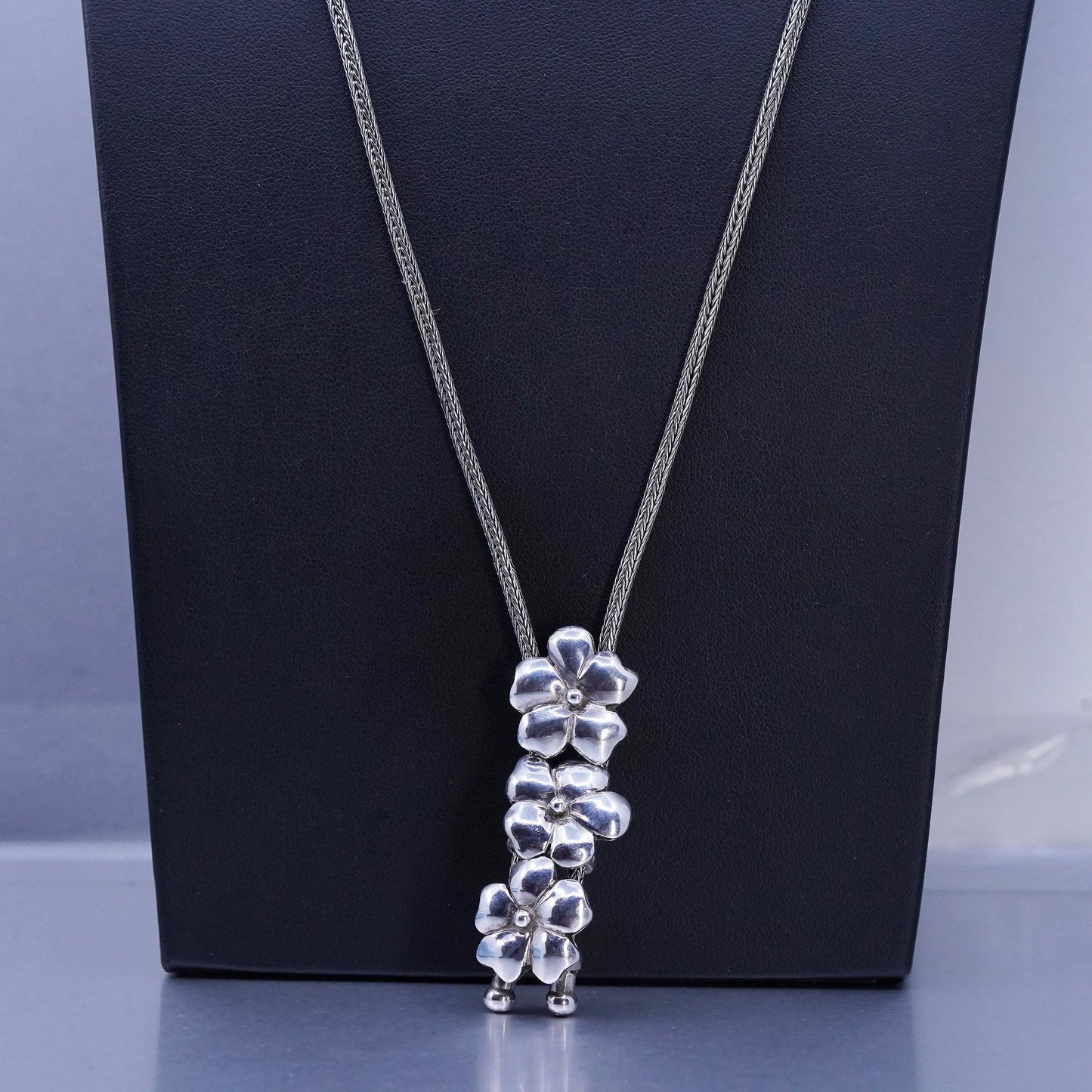 24” 3mm, vintage Sterling 925 silver wheat chain necklace flower slide pendants