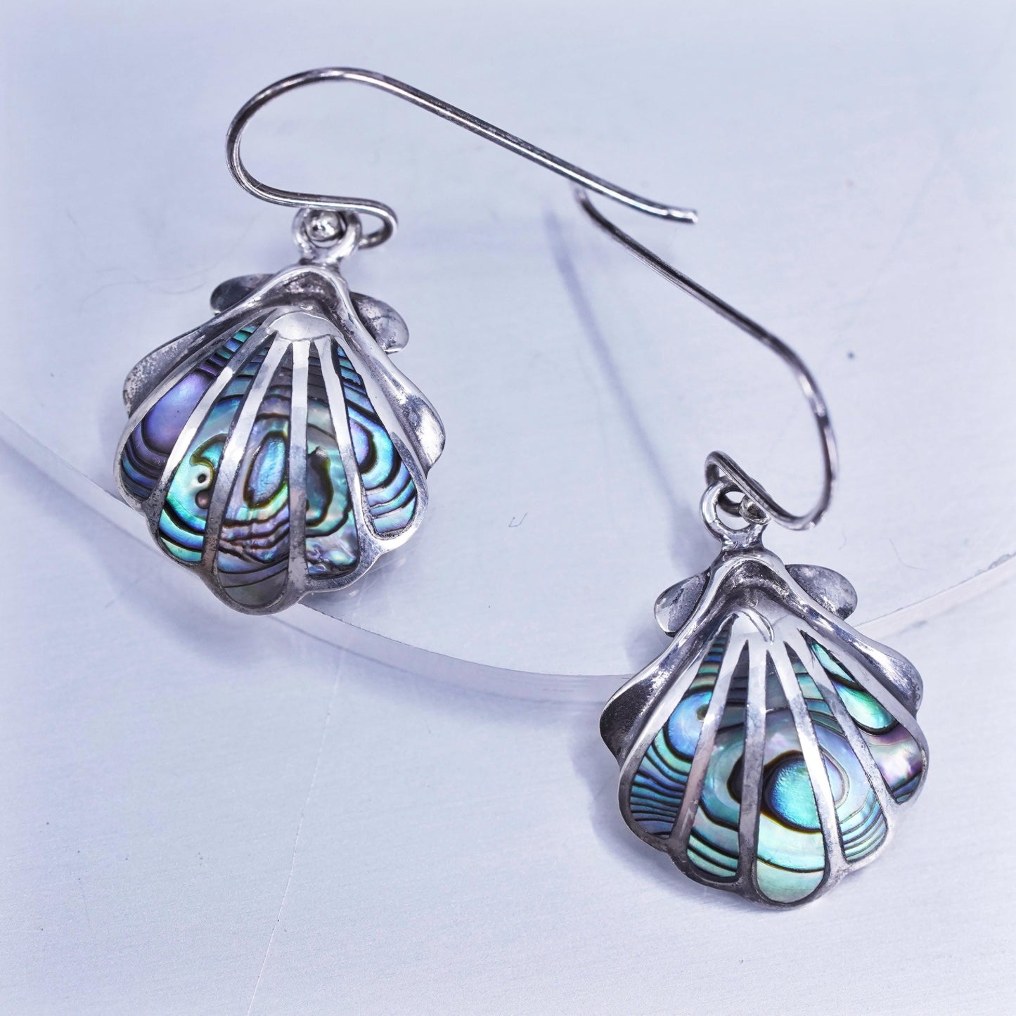 Vintage Sterling 925 silver handmade shell earrings with abalone inlay