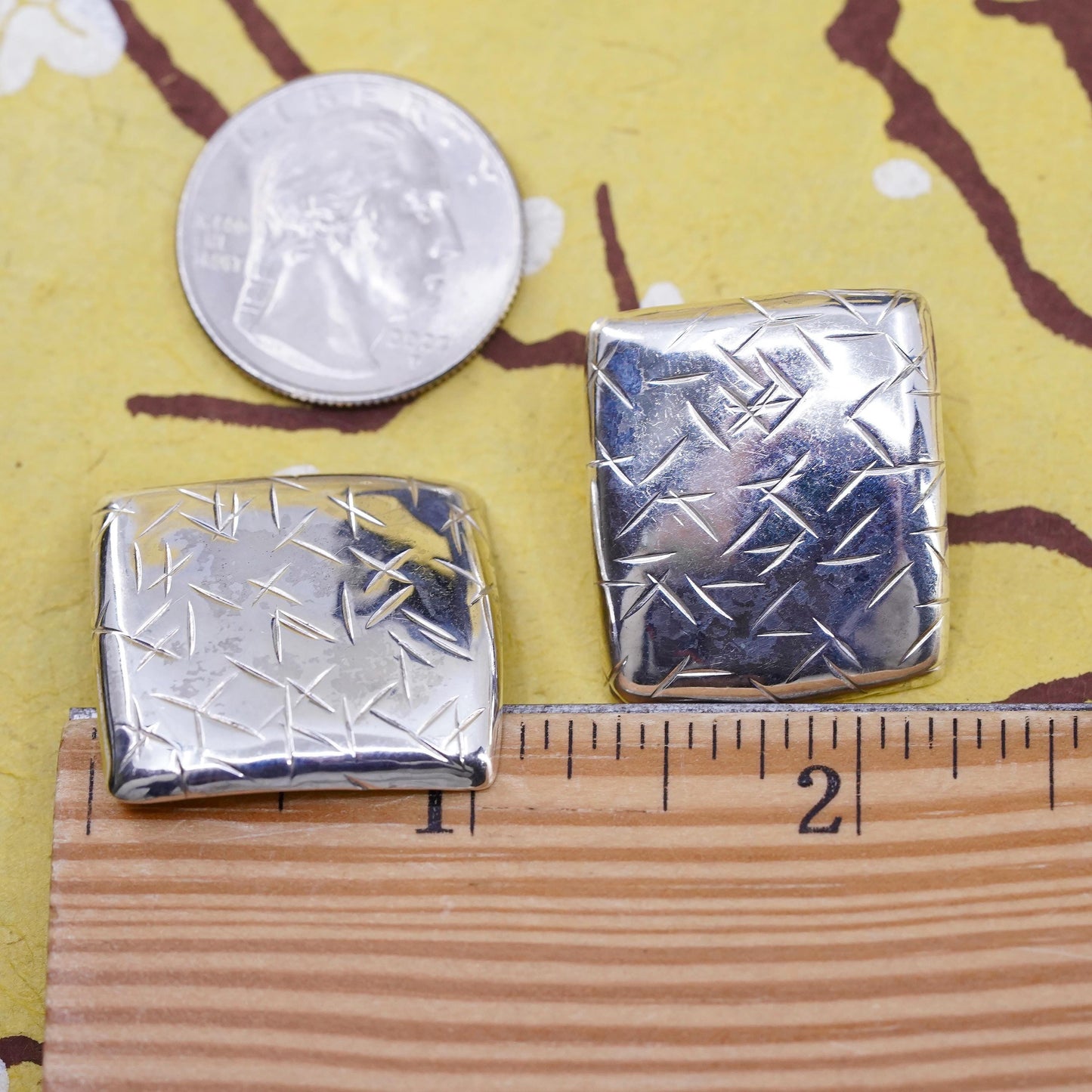 Vintage Sterling silver handmade earrings, textured 925 rectangular studs