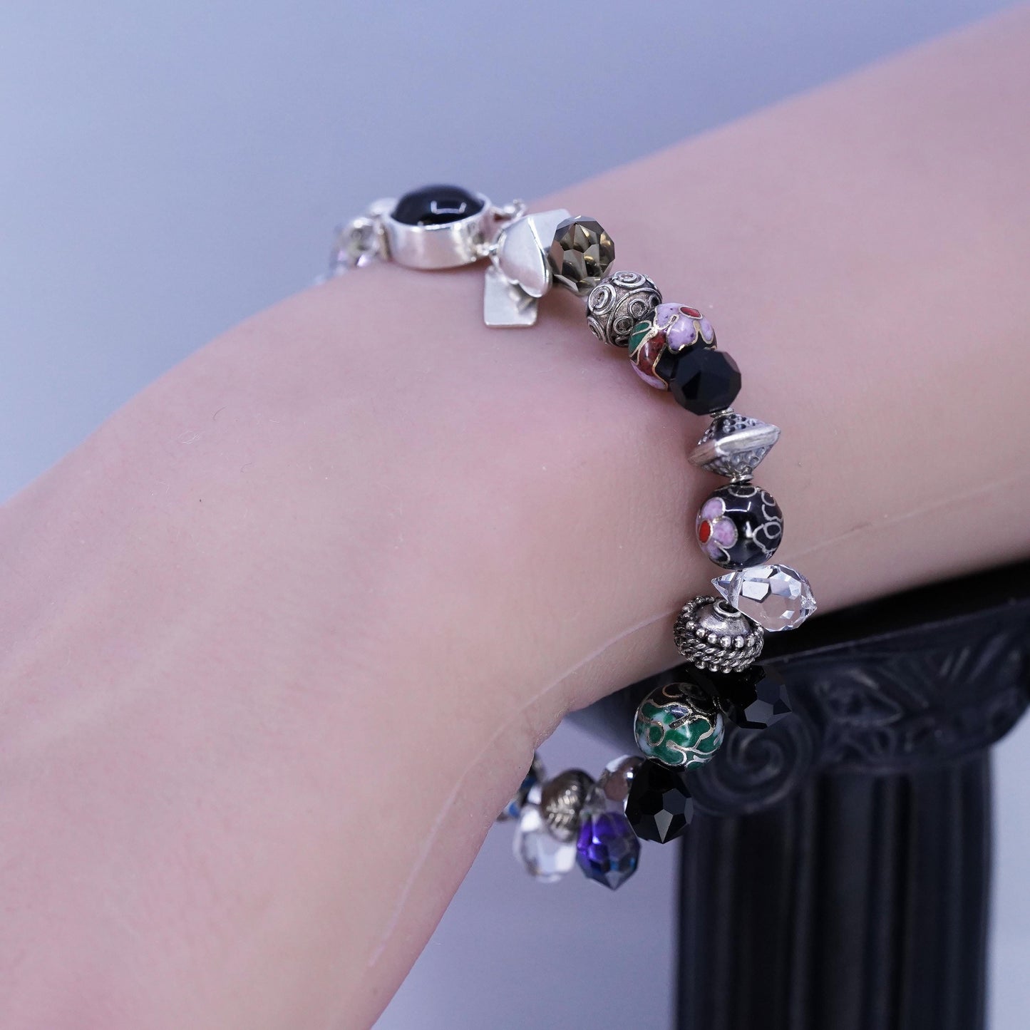 6.5", Vintage Lori B Sterling 925 Silver Bracelet w/ Crystal beads heart charms