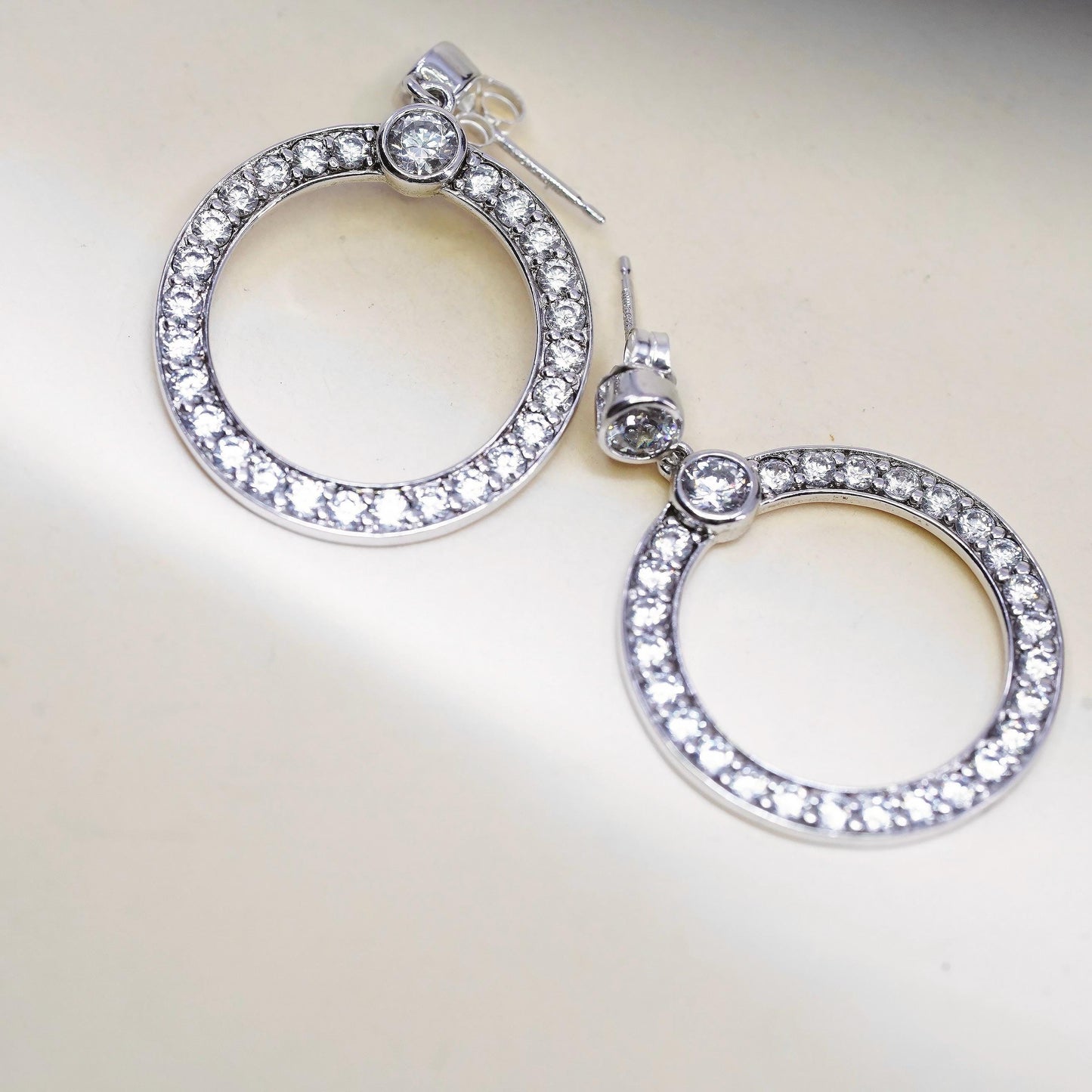 Vintage Sterling 925 silver handmade earrings, circle cluster Cz dangles