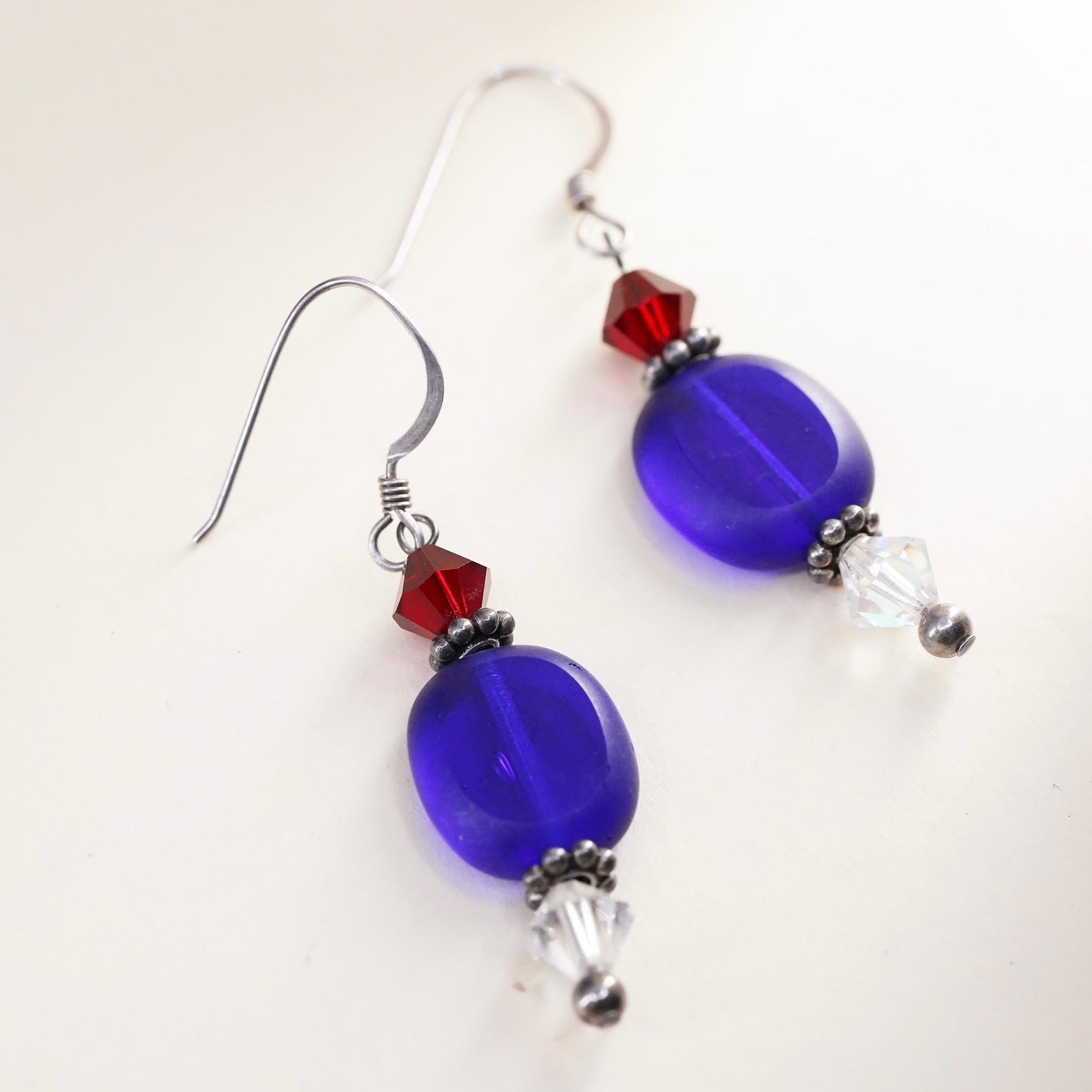 VTG Sterling silver handmade earrings, 925 hooks blue artisan glass drops ruby